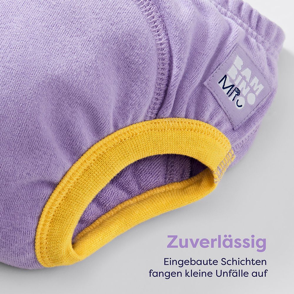 Lernhöschen, lila mit gelbem Rand. Text: Zuverlässig. Eingebaute Schichten fangen kleine Unfälle auf. Logo Bambino Mio.