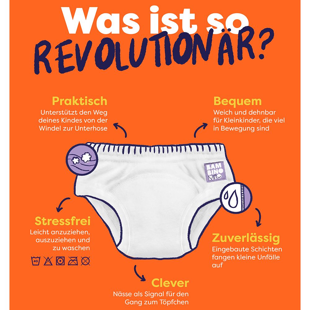 Lernhöschen mit Text: Was ist so REVOLUTIONÄR? Praktisch, bequem, stressfrei, zuverlässig, clever. Logo Bambino Mio.