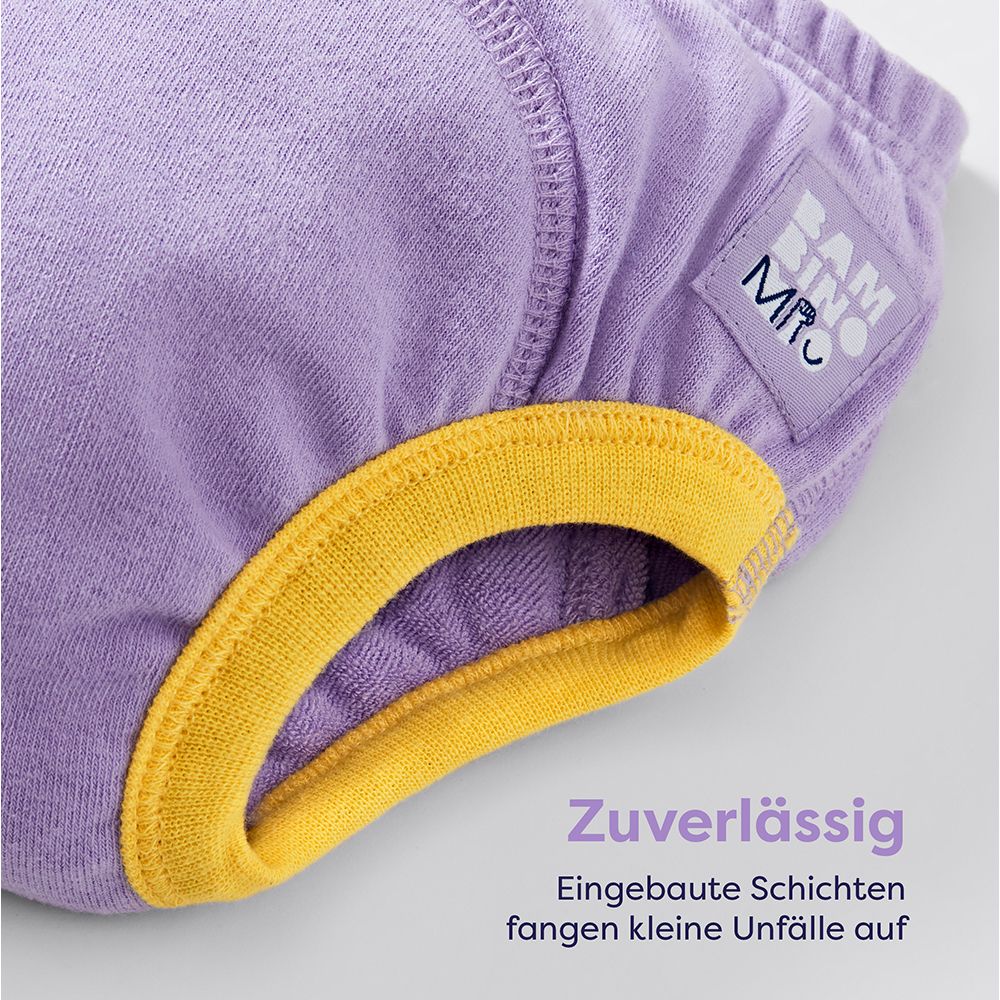 Culotte d'apprentissage violette avec bord jaune. Marque : Bambino Mio. Texte : Fiable. Couches intégrées.
