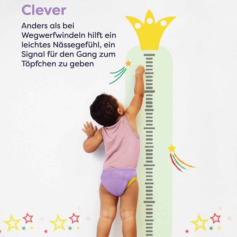 Enfant avec culotte d'apprentissage près d'une toise. Texte : Intelligent. Sensation d'humidité pour le pot.