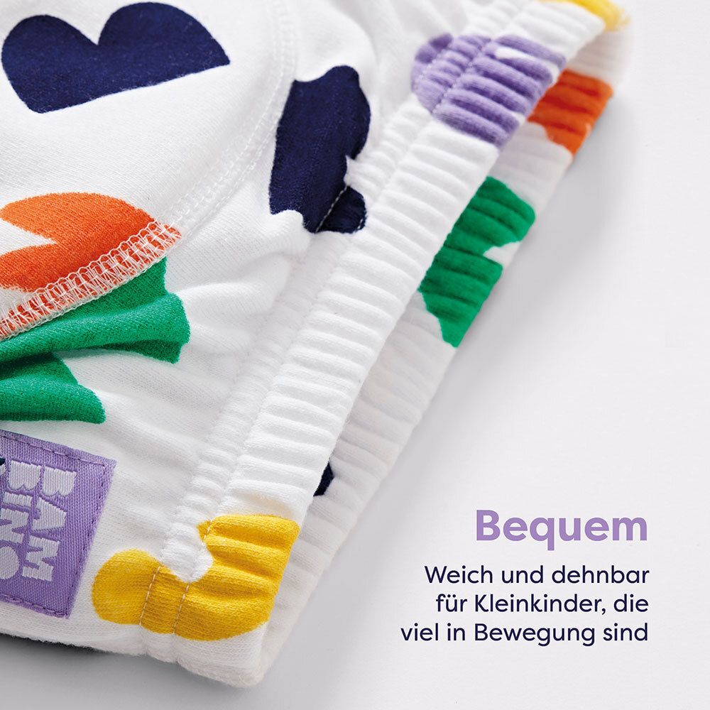 Lernhöschen mit bunten Mustern. Marke: Bambino Mio. Text: Bequem. Weich und dehnbar.