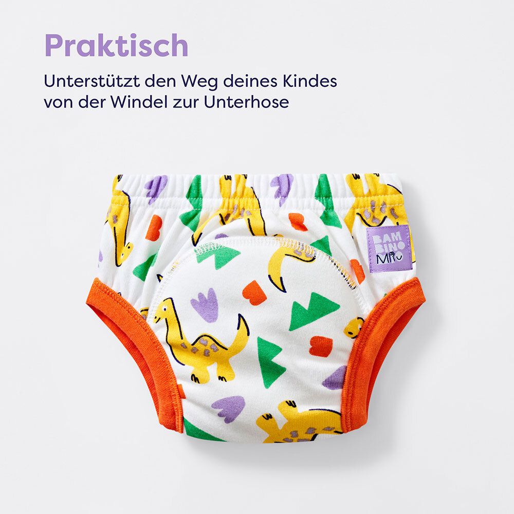 Waschbare Lernhöschen mit Dinosaurier-Motiv. Text: Praktisch. Unterstützt den Weg deines Kindes von der Windel zur Unterhose.