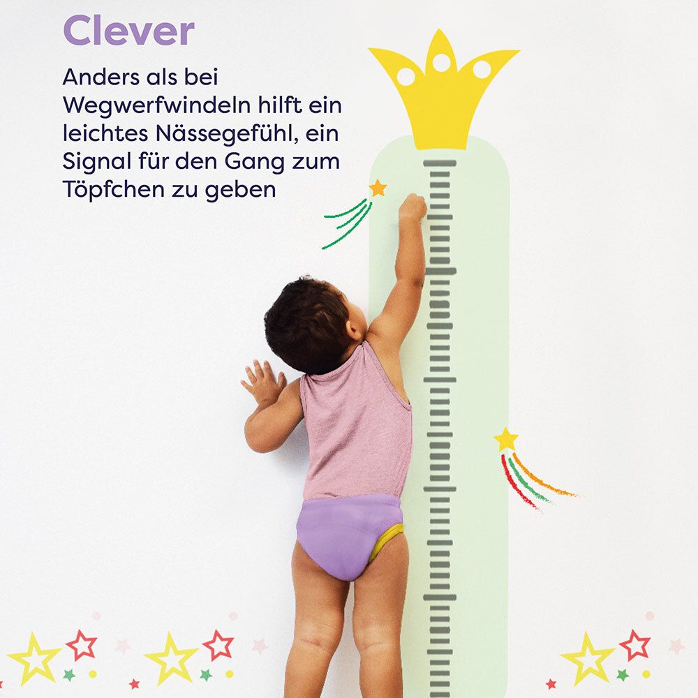 Kind misst sich an einer Messlatte. Text: Clever. Nässe als Signal für den Gang zum Töpfchen. Lila Lernhöschen mit gelbem Bund.