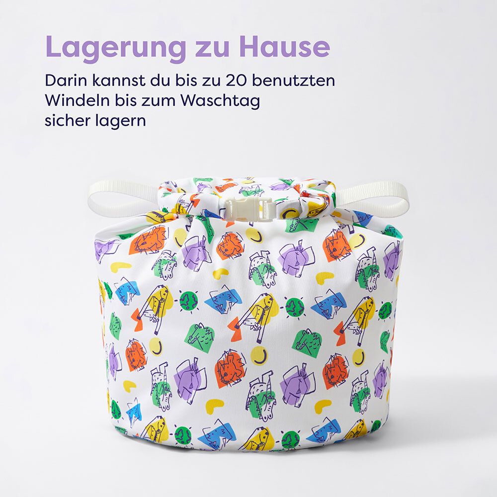 Beutel mit farbigem Muster. Mit weißem Band und Clipverschluss.