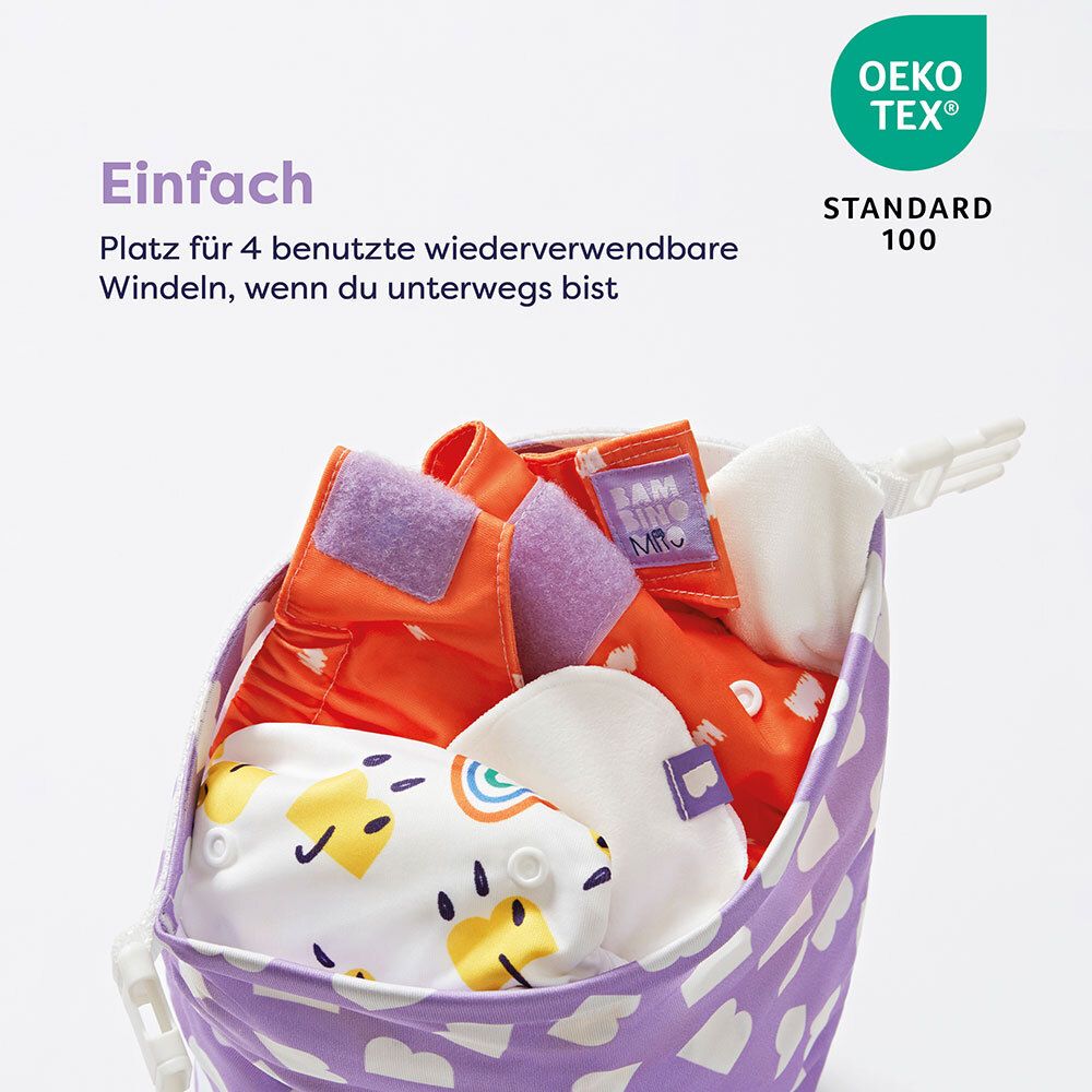 Lila Tasche mit Windeln. Oeko-Tex Standard 100 Zertifizierung.