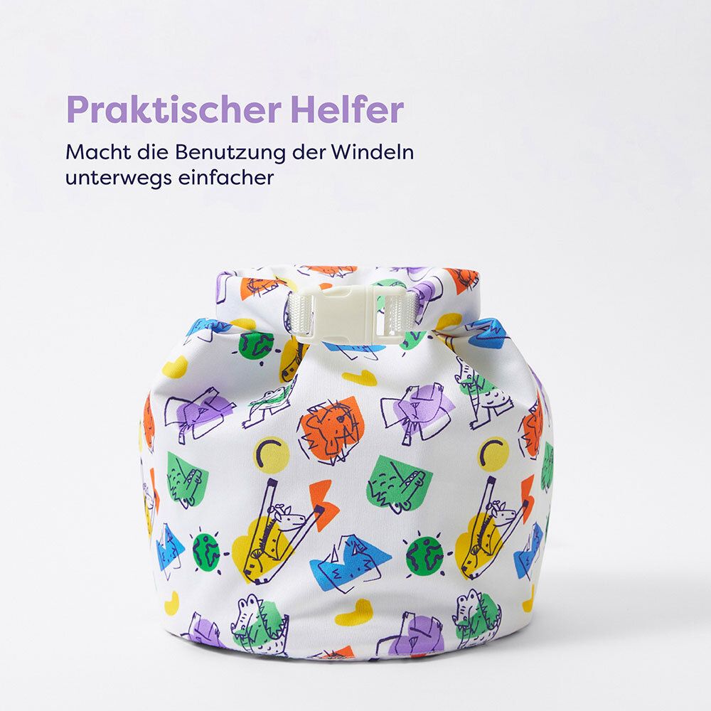 Stoffen tas met kleurrijke dieren- en vormmotieven. Met witte clipsluiting.