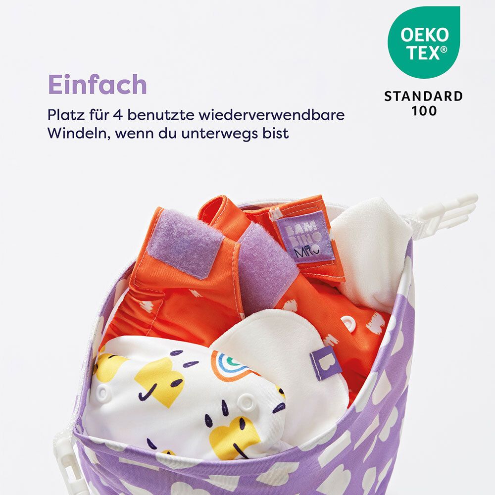 Open stoffen tas met gekleurde luiers. Oeko-Tex Standard 100 certificering.