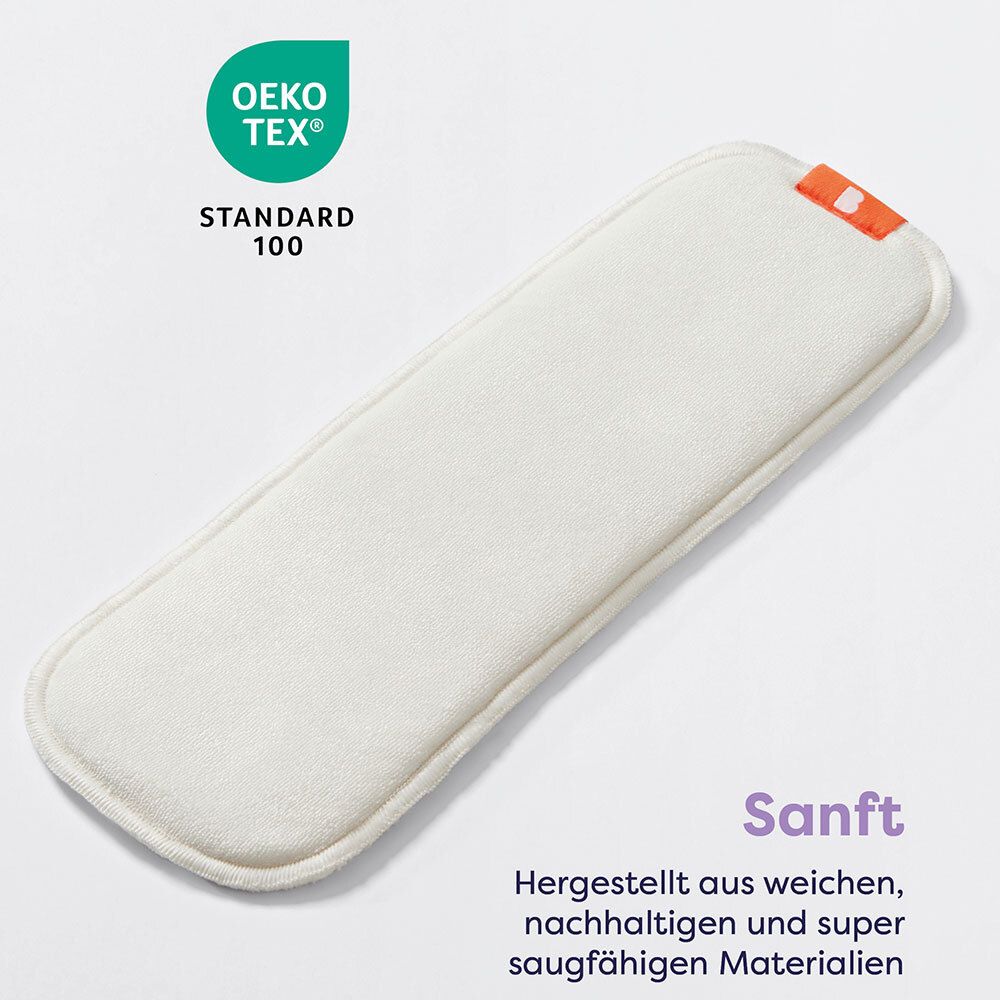 Weißer, rechteckiger Einleger mit Oeko-Tex-Zertifizierung. Text in Deutsch: Sanft. Auf weißem Hintergrund.