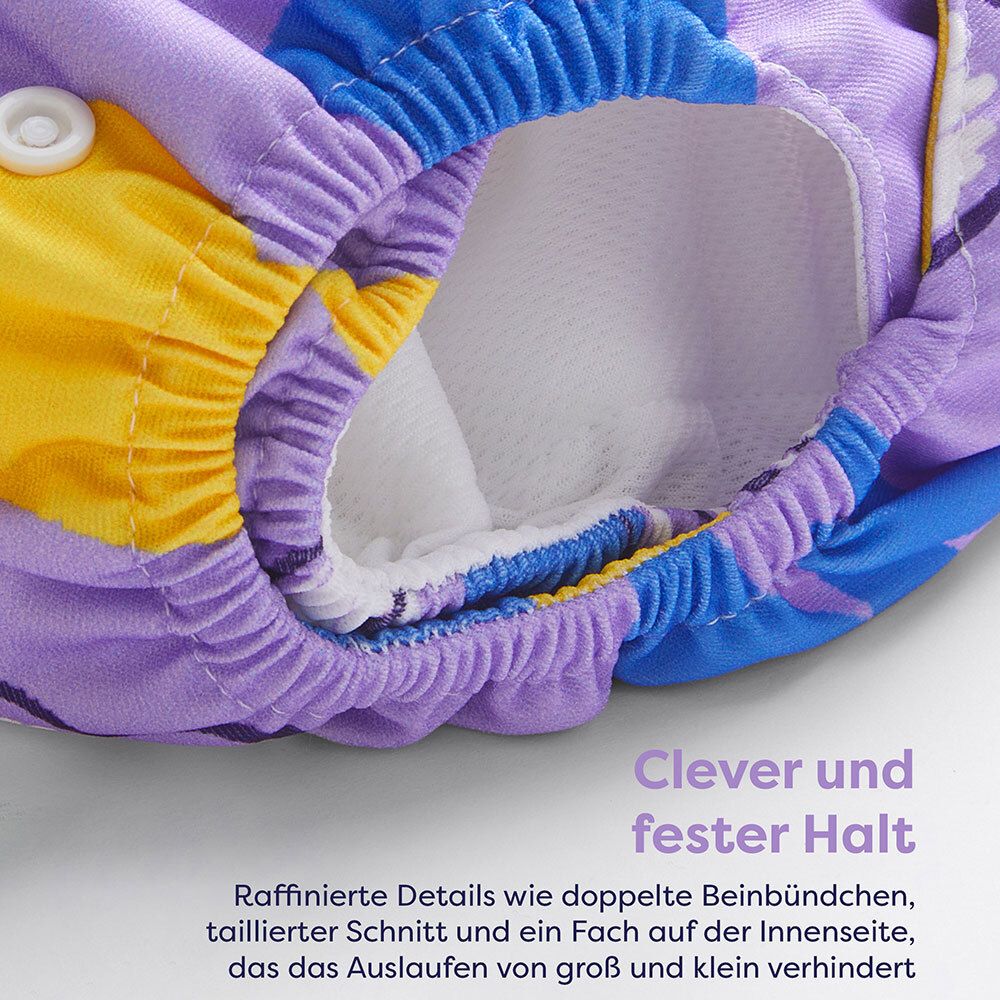 Nahaufnahme der Beinbündchen einer Stoffwindel. Text: Clever und fester Halt. Marke: Bambino Mio.