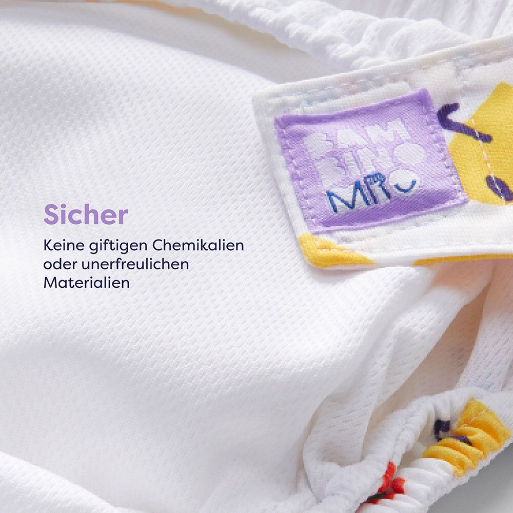 Nahaufnahme des Innenfutters einer Stoffwindel. Text: Sicher. Marke: Bambino Mio.