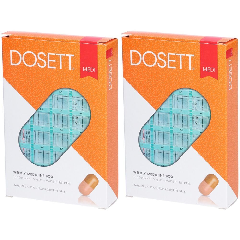 Zwei Verpackungen der DOSETT Medi Pillenbox. Orange-weißes Design mit Pillen-Abbildung. Text: Weekly Medicine Box.