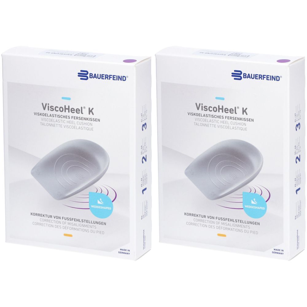 Zwei Verpackungen von Bauerfeind ViscoHeel K Fersenkissen. Aufdruck: Korrektur von Fußfehlstellungen.