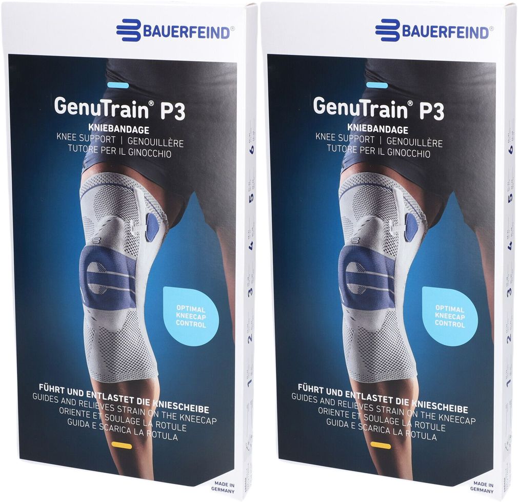 Zwei Verpackungen der Knieorthese. Aufdruck: GenuTrain P3, Kniebandage. Marke: Bauerfeind. Abbildung eines Knies.