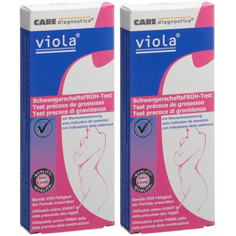 Zwei Packungen Schwangerschaftsfrühtest. Blaue und rosa Verpackung mit Produktnamen, Logo und Text in mehreren Sprachen. Qualitätszeichen.