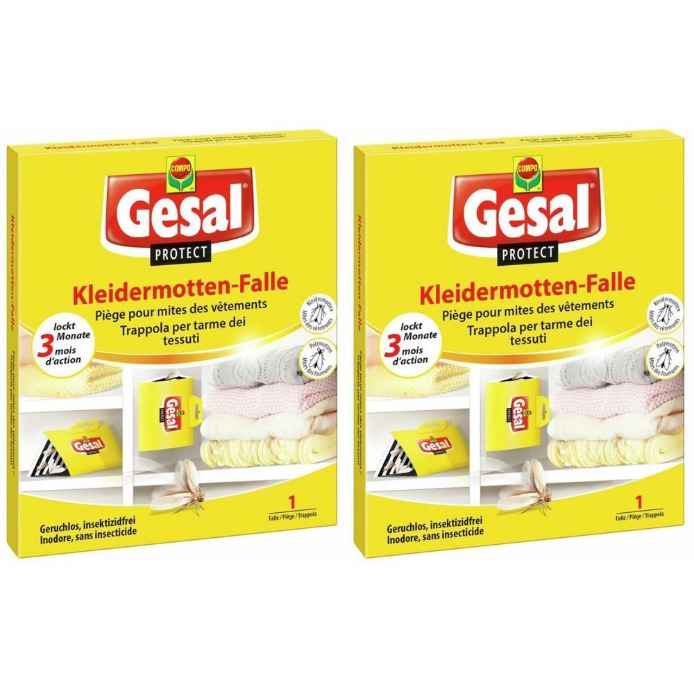 Deux boîtes jaunes "Gesal PROTECT Kleidermotten-Falle". Inscriptions en allemand, français et italien. Efficacité 3 mois.
