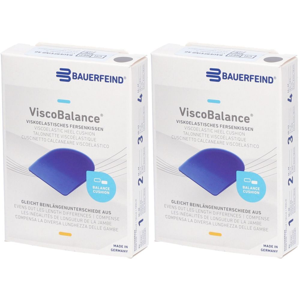 Zwei Verpackungen von BAUERFEIND ViscoBalance Größe 3. Auf jeder Schachtel steht der Produktname und eine blaue Abbildung des Produkts.