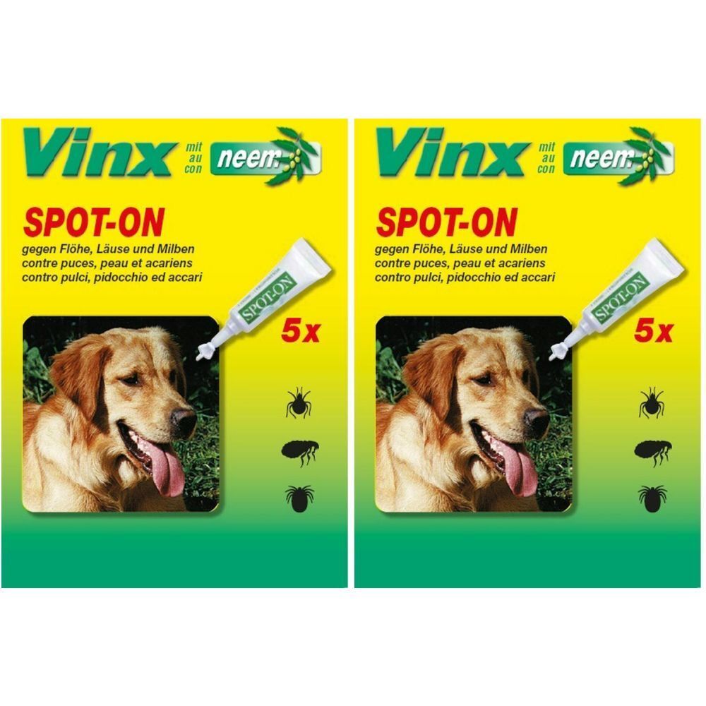 Deux emballages de VINX Spot-on Hunde. Chaque emballage montre un chien, un tube et du texte.