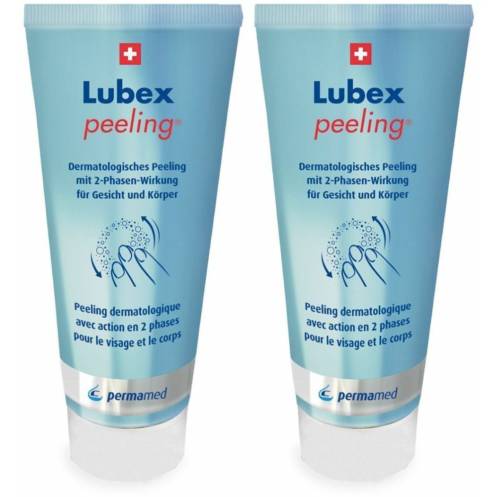 Deux tubes de LUBEX peeling. Bleu clair, bouchon blanc. Texte: Peeling dermatologique pour le visage et le corps. Logo: Croix suisse.
