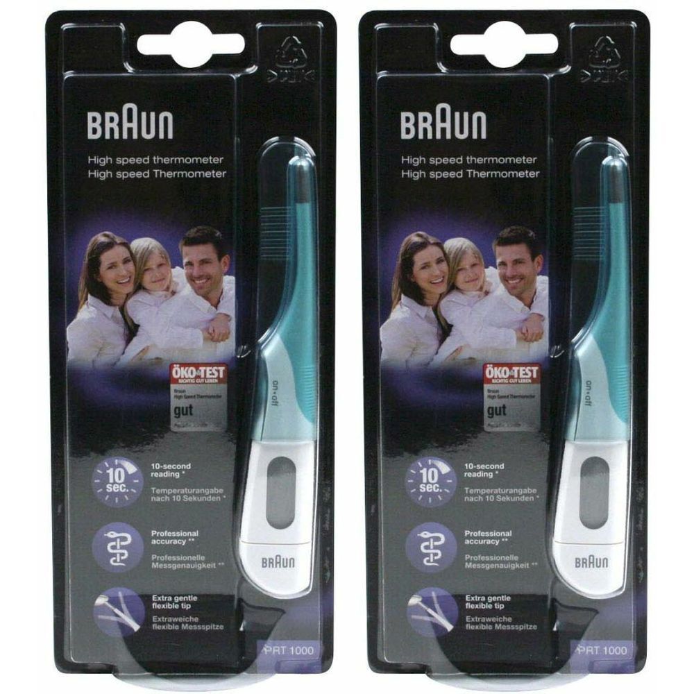Deux thermomètres dans leur emballage. Marque Braun. Bleu et blanc. Avec écran et embout flexible. Label ÖKO-TEST.