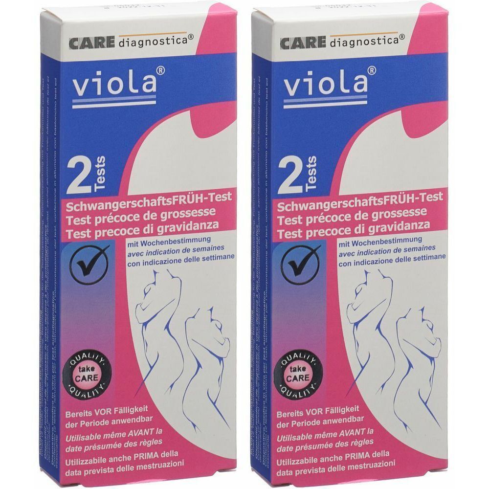Zwei Packungen VIOLA® SchwangerschaftsFRÜH-Test. Rosa-weiß Verpackung mit Produktnamen, 2 Tests, und Schwangerschaftsanzeige. CARE diagnostica Logo.
