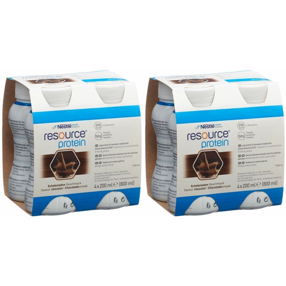 Zwei Packungen Nestlé Resource Protein-Drink Schokolade. Jede Packung enthält vier Flaschen. Blaue und weiße Verpackung.