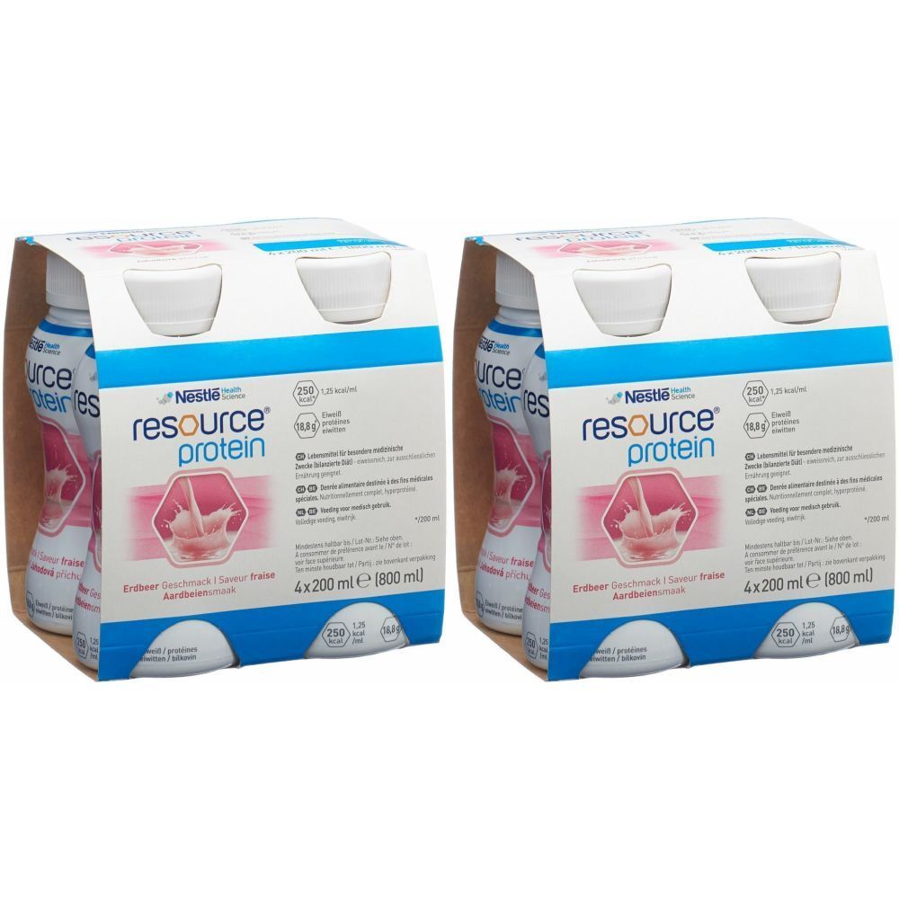 Zwei Packungen NESTLE RESOURCE Protein-Drink Erdbeere. Jede Packung enthält vier Flaschen. Aufdruck: resource protein, Erdbeere, 4x200 ml.