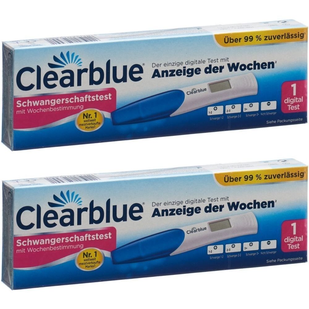 Zwei Packungen Clearblue Schwangerschaftstest. Blaue und weiße Verpackung mit Produktinformationen und digitalem Test.