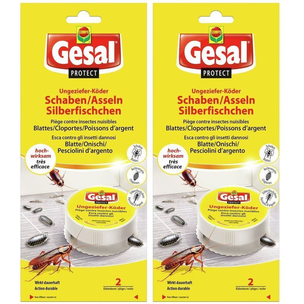 Deux emballages Gesal Protect. Emballage jaune avec nom du produit et illustrations d'insectes. Contient deux pièges à insectes.