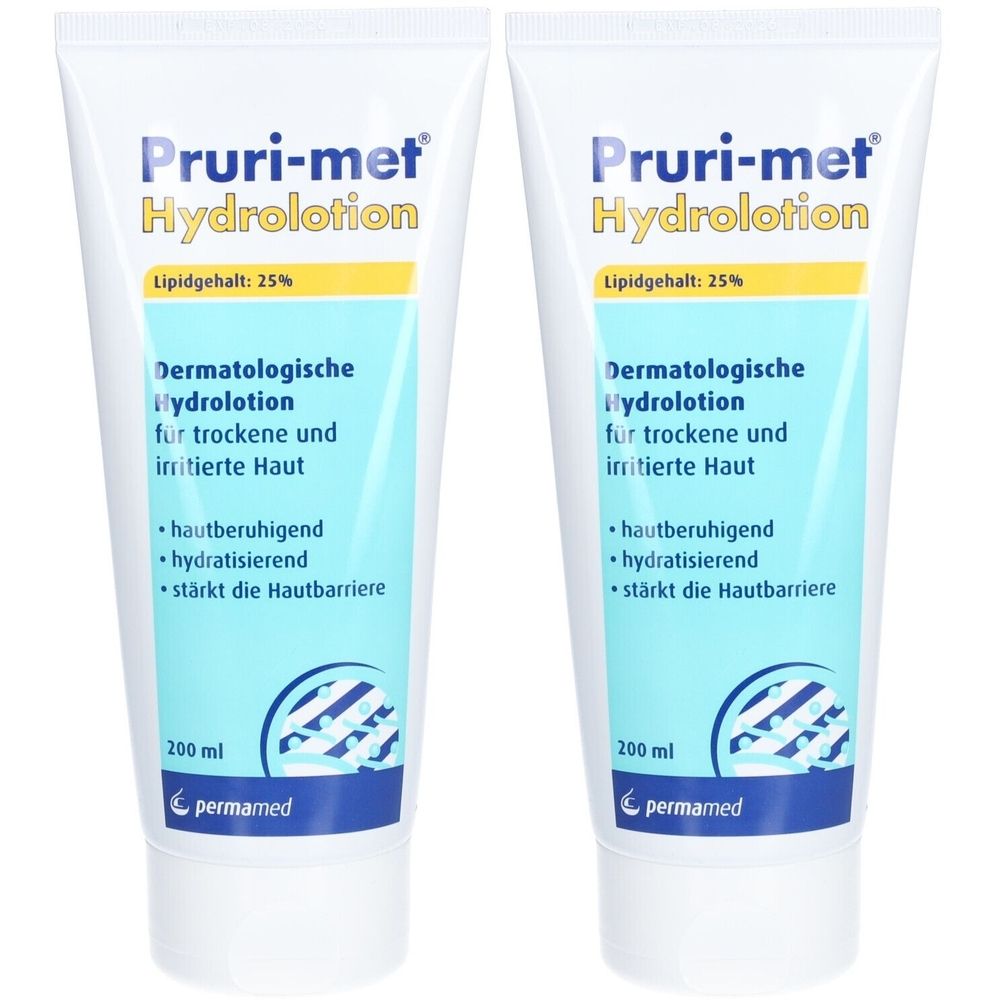 Zwei Tuben Pruri-met Hydrolotion. Aufschrift: Dermatologische Hydrolotion für trockene und irritierte Haut. Enthält 25% Lipidgehalt. 200 ml.