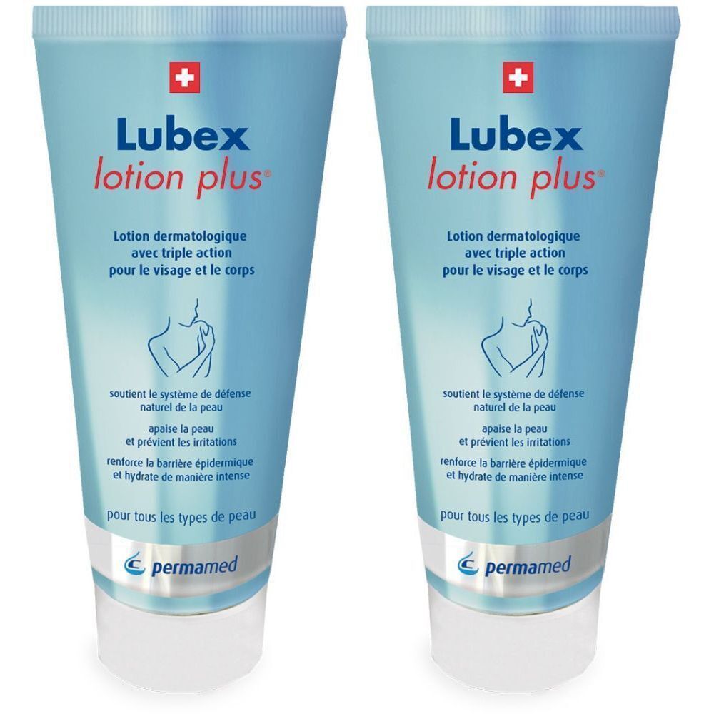 Zwei Tuben LUBEX lotion plus. Hellblaue Verpackung mit rotem Kreuz und Schriftzug. Text: Lotion dermatologique.