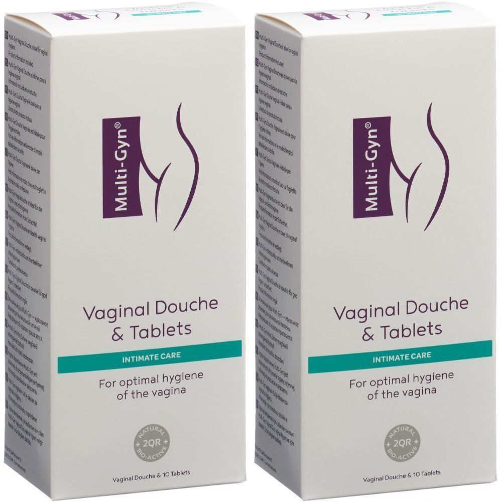 Zwei Packungen MULTI-GYN® Vaginaldusche & Tabletten. Weiße Schachteln mit lila Logo und Text. Für optimale Hygiene der Vagina.