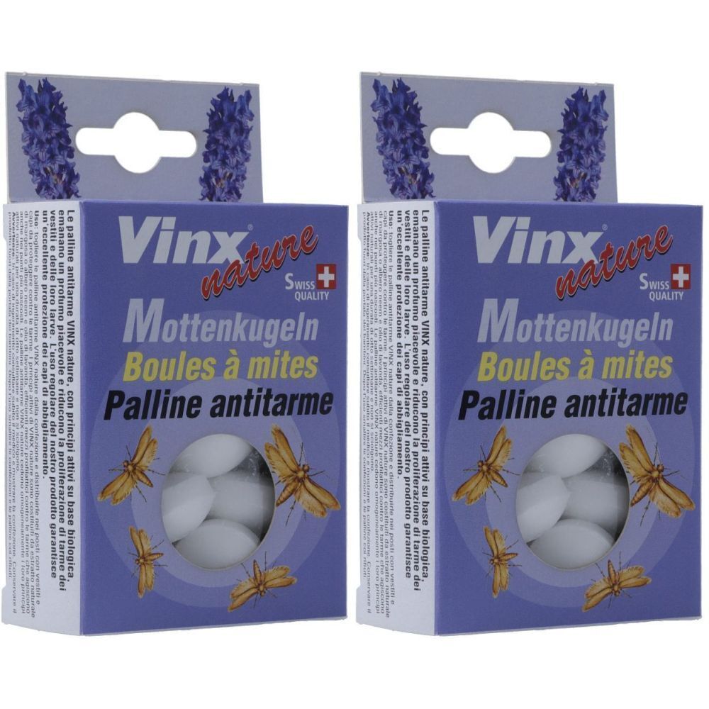 Zwei Schachteln VINX nature Mottenkugeln. Blaue Verpackung mit Produktnamen in Deutsch, Französisch und Italienisch. Schweizer Qualitätszeichen.