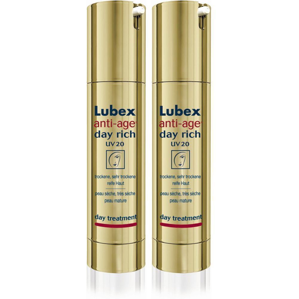 Twee gouden flacons met de tekst "Lubex anti-age day rich UV 20". Tekst in het Duits, Frans en Italiaans.