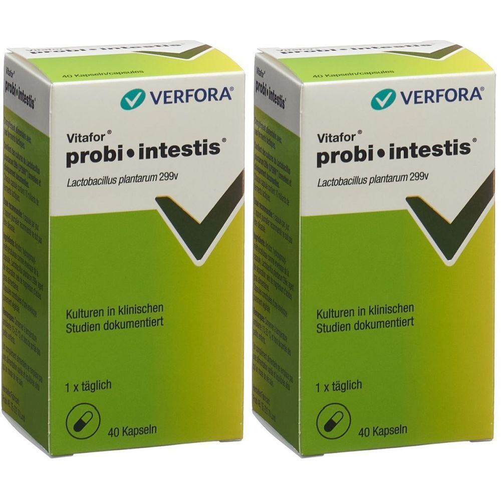 Zwei Schachteln VERFORA Vitafor probi•intestis. Grün-weiß Verpackung mit Produktnamen und Logo. Enthält 40 Kapseln.