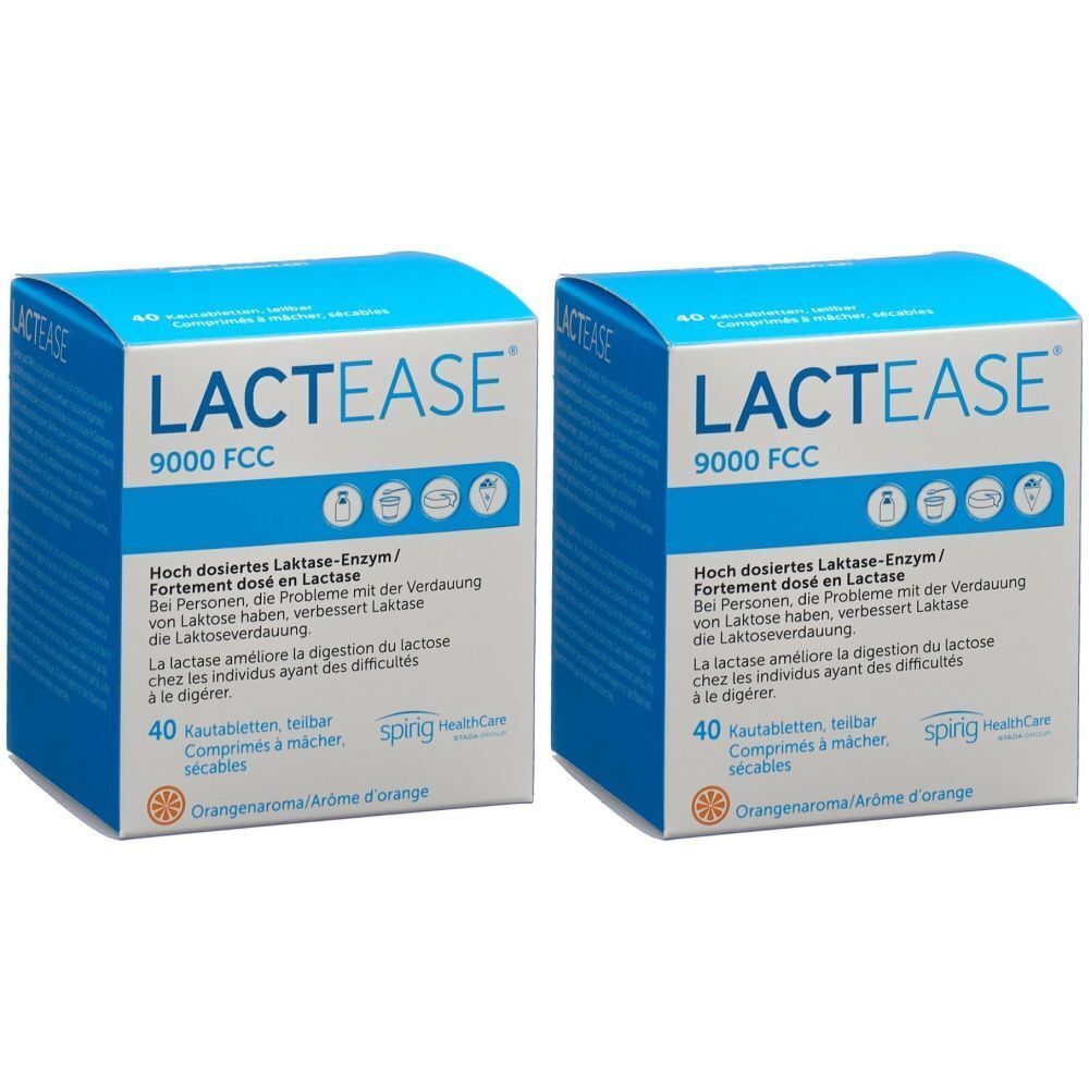 Zwei quadratische Kartons mit blauer Oberseite. Aufschrift: LACTEASE 9000 FCC. Text in Deutsch und Französisch. 40 Kautabletten.