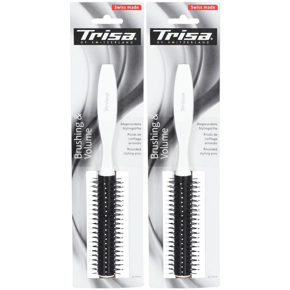 Twee ronde borstels met witte handgreep en zwarte borstelkop. Verpakt in blisterverpakking met Trisa-logo en "Swiss made".