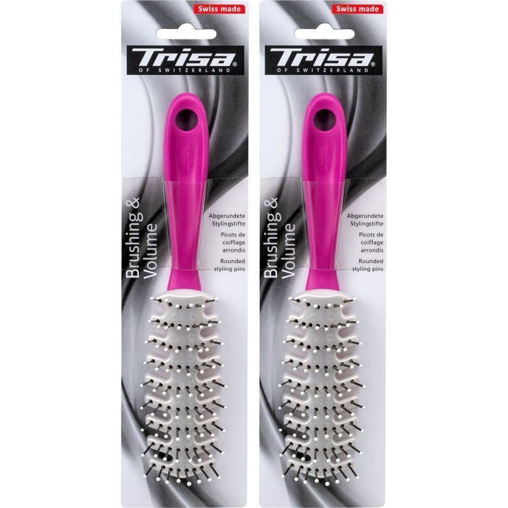 Twee styling haarborstels in verpakking. Roze handvat, witte borstelkop met zwarte borstelharen. Merk: Trisa.