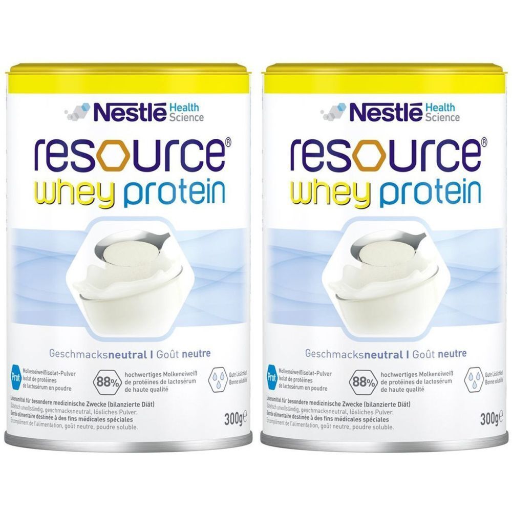 Zwei Dosen NESTLE RESOURCE® Whey Protein. Weiße Dosen mit gelbem Deckel. Aufschrift: resource whey protein, 300g.
