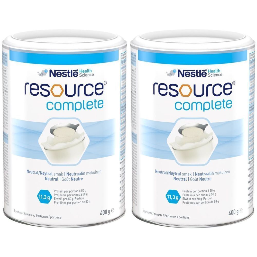 Zwei Dosen mit "Nestlé Health Science resource complete". Blaue und weiße Verpackung. Aufschrift: "Neutral".