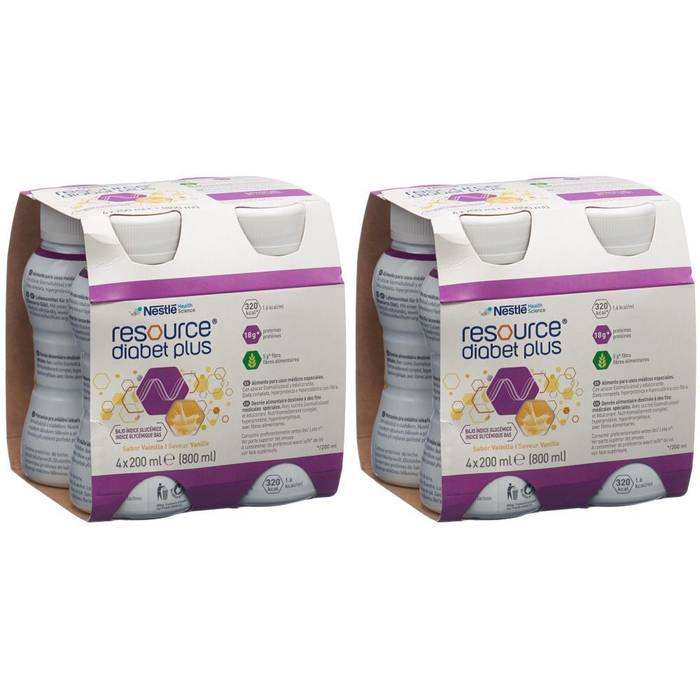 Deux packs de NESTLE RESOURCE® Diabet Plus. Chaque pack contient quatre bouteilles. Inscription : resource diabet plus.