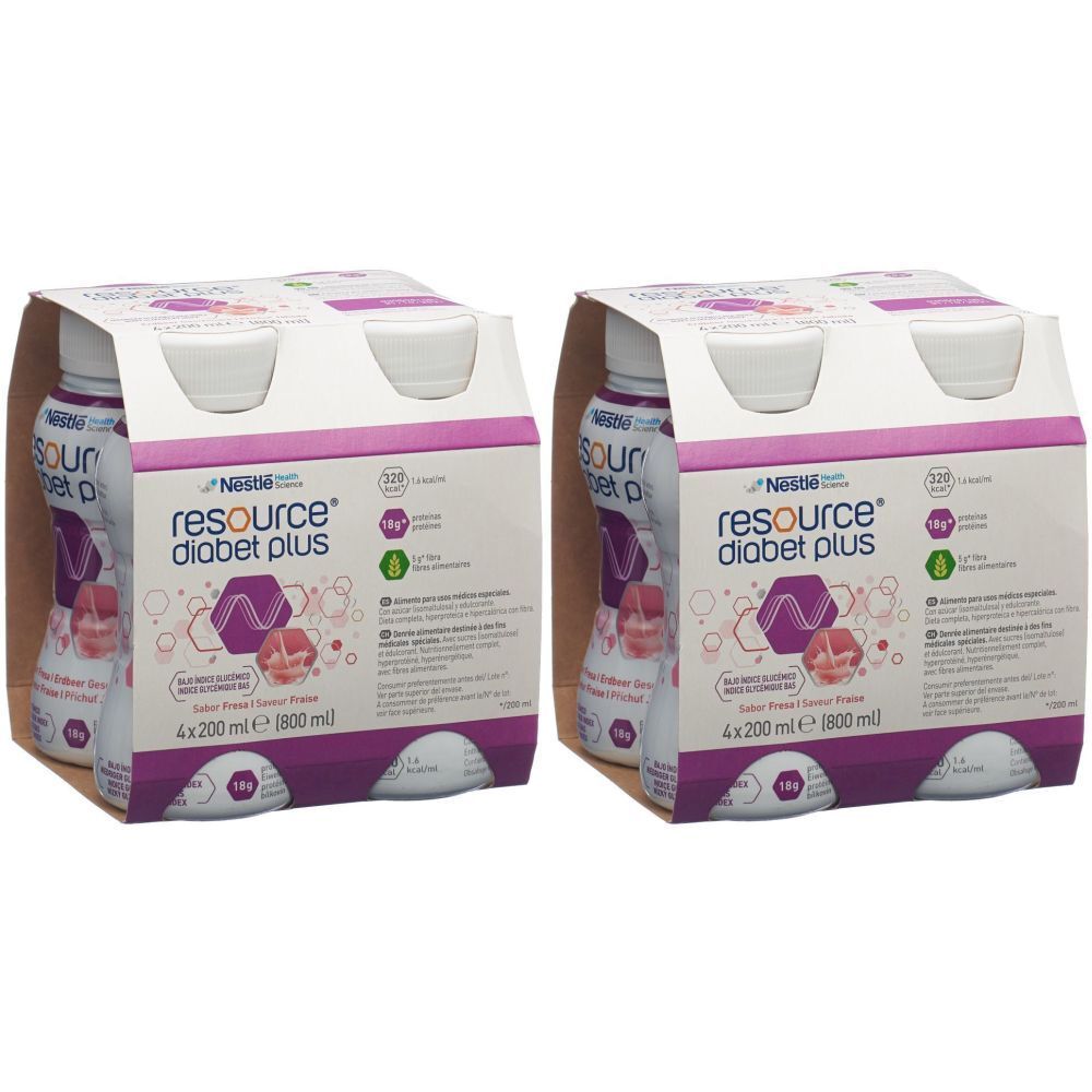 Deux packs de NESTLE RESOURCE® Diabet Plus Fraise. Chaque pack contient quatre bouteilles. Inscriptions : resource diabet plus, 4x200 ml.