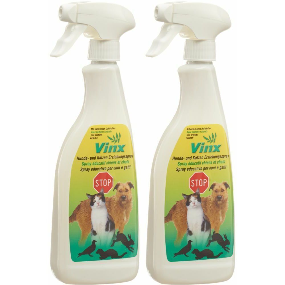 Zwei weiße Sprühflaschen mit grünem Etikett. Aufschrift Vinx, Hunde- und Katzen Erziehungsspray. Abbildung von Hund, Katze und Kaninchen.