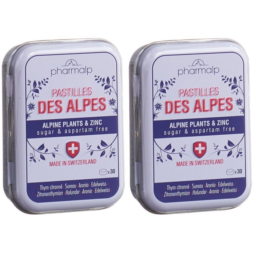 Zwei rechteckige Metalldosen mit Aufschrift "pharmalp PASTILLES DES ALPES". Schweizer Kreuz. Text: Alpine Plants & Zinc, sugar & aspartam free.