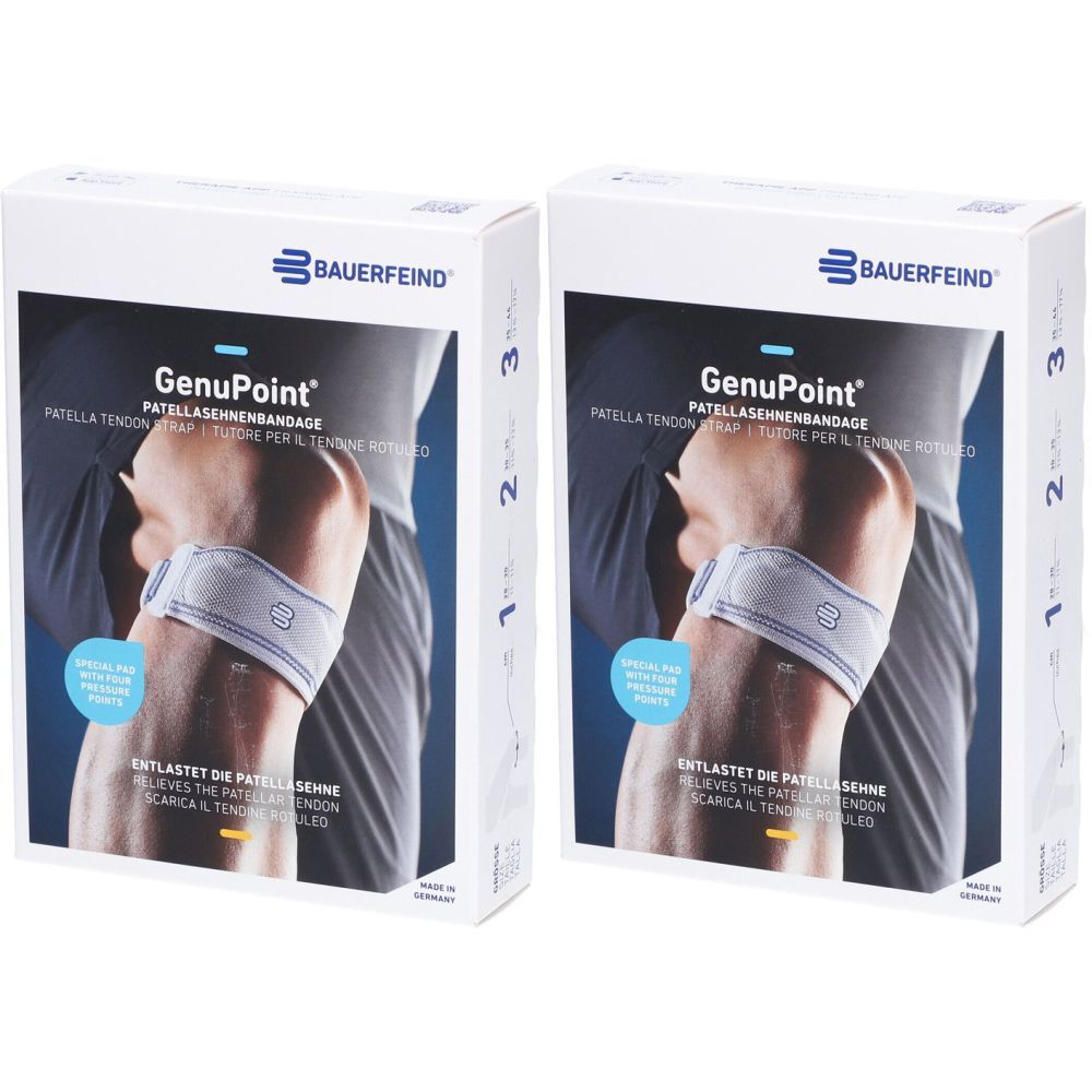 Zwei Produktverpackungen. Aufschrift: Bauerfeind GenuPoint Patellasehnenbandage. Abbildung eines Knies mit Bandage.