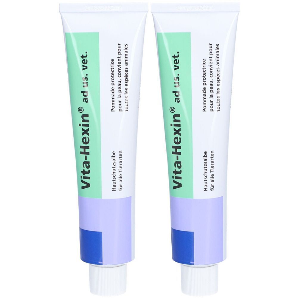 Deux tubes de pommade protectrice. Inscription : Vita-Hexin ad us. vet. Pour toutes les espèces animales. Vert, violet et bleu.