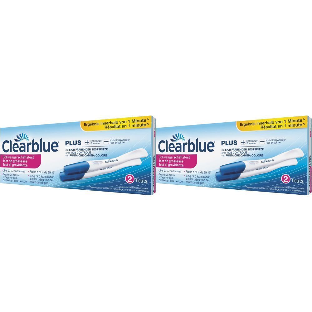 Deux boîtes de test de grossesse CLEARBLUE. Emballage bleu et blanc avec nom et texte du produit. Contient deux tests.
