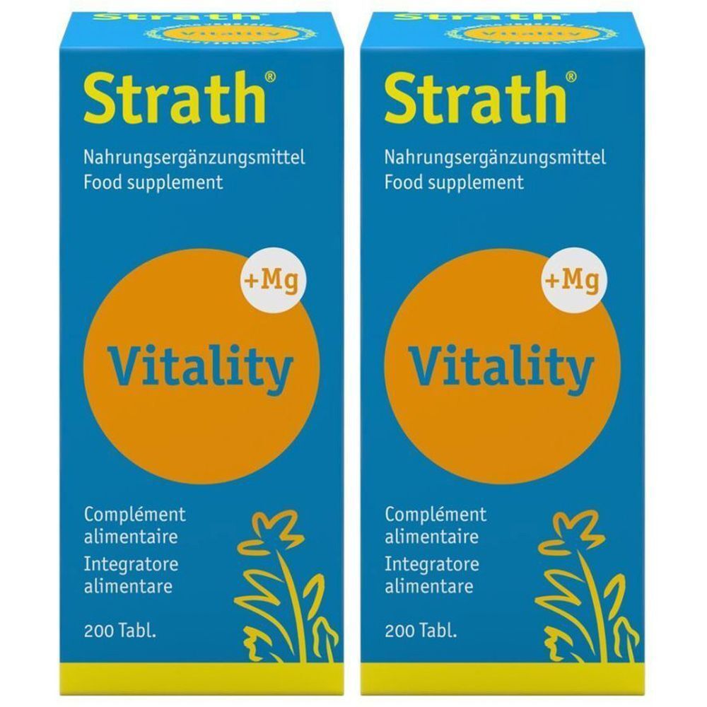 Zwei blaue Schachteln mit "Strath Vitality" Aufschrift. Enthält Nahrungsergänzungsmittel. Mit "+Mg" und "200 Tabl.".