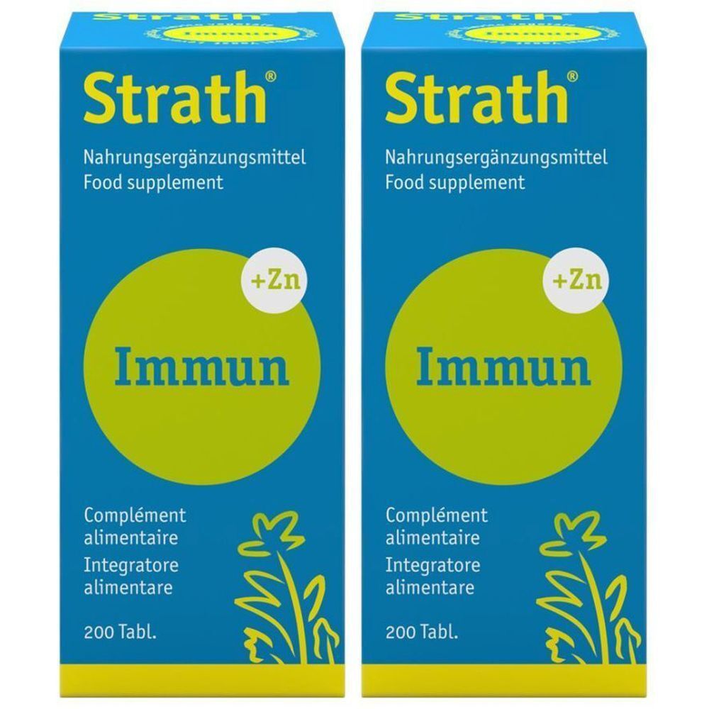 Zwei blaue Schachteln mit "Strath Immun + Zn". Text: Nahrungsergänzungsmittel, Immun, 200 Tabl. Gelber Kreis mit "+Zn".