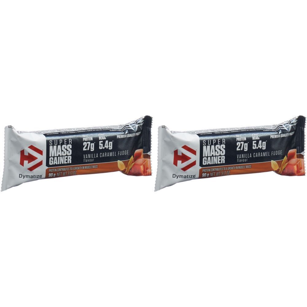 Zwei Riegel "Super Mass Gainer" mit Aufschrift "Vanilla Caramel Fudge". Verpackung mit Logo und Nährwertangaben.