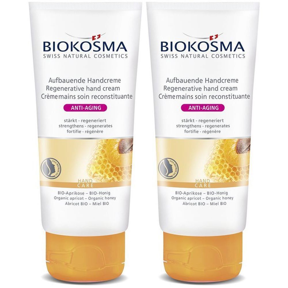 Deux tubes de crème pour les mains. Inscription : BIOKOSMA, Crème pour les mains réparatrice, Anti-âge. Avec motif miel et abricot.